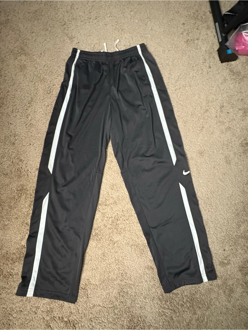 Nike Dark Gray Athletic Track Pants with White Stripe Accents - Mens Large